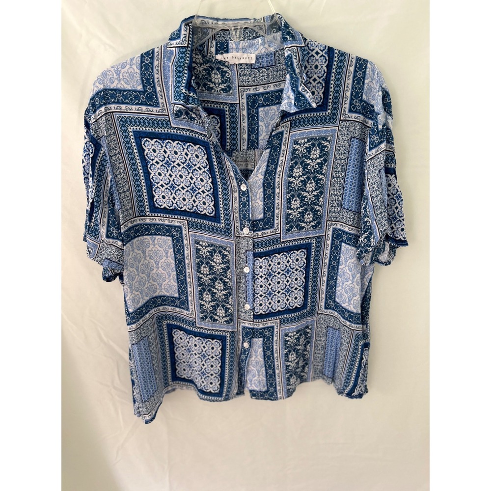 Jane + Delancey Blue Patchwork Tile Print Rayon Button Down Shirt XL S/S